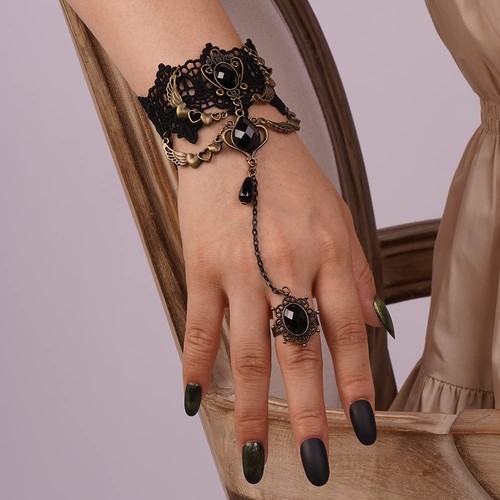 Gothic Black Crystal Lace Bracelet Vintage Retro Metal Heart Wings Slave Bracele - Picture 3 of 7