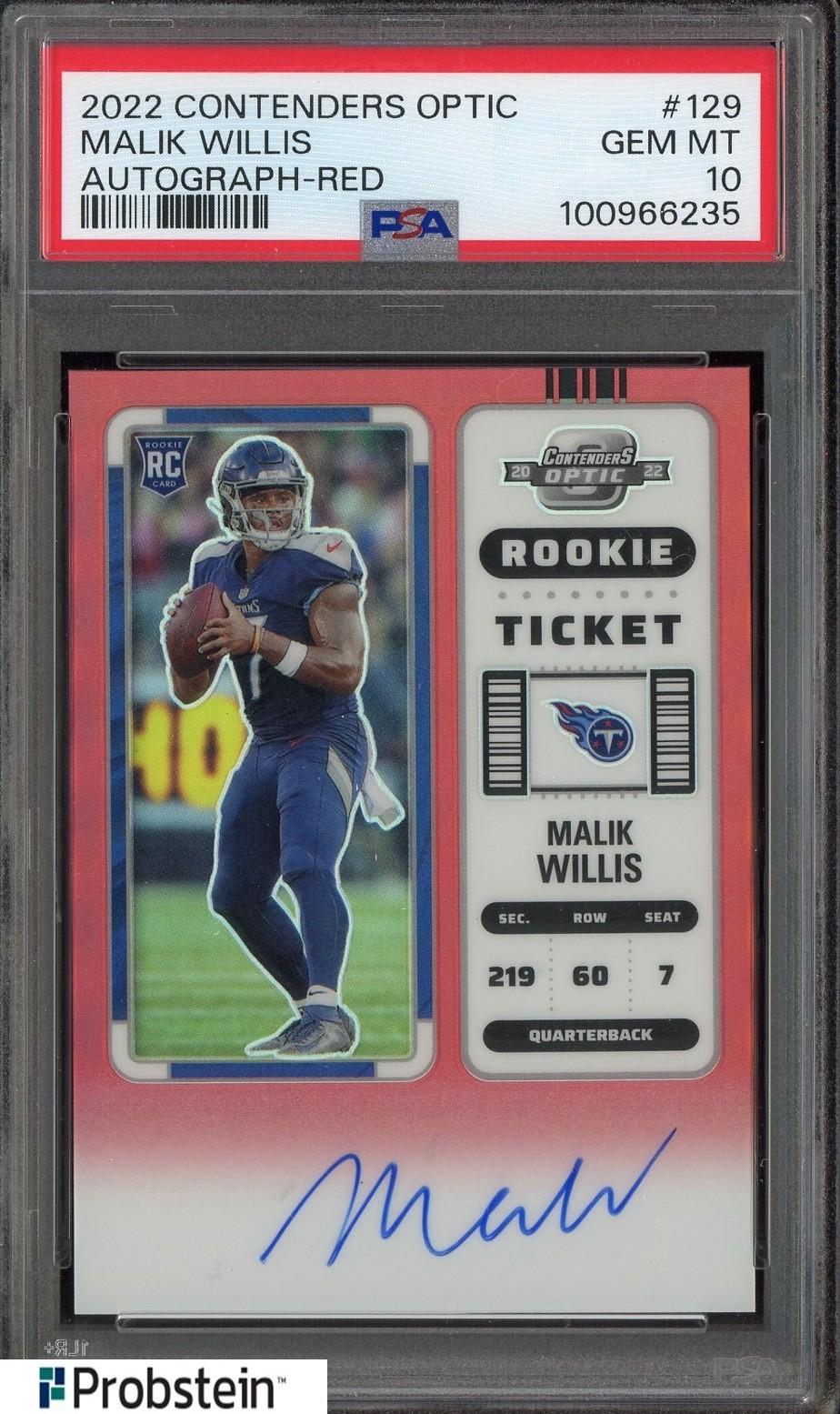 2022 Contenders Optic Red Rookie Ticket #129 Malik Willis RC AUTO 66/149 PSA 10
