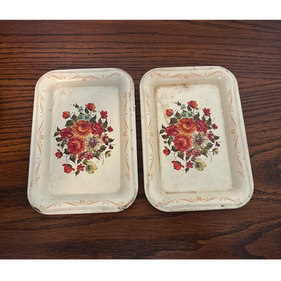 Vintage Floral Metal Trinket Trays Set of 2, Rectangular, Small, Printed