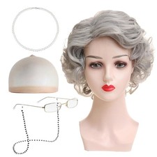 Gray Old Lady Wig Set 5pcs for Halloween Costume Role Play Stage Parties