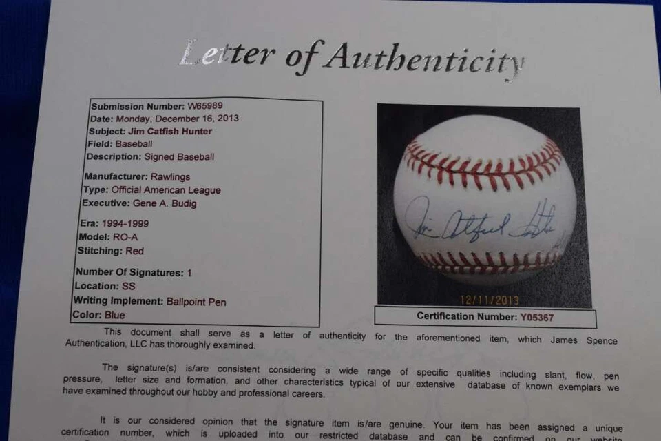 Jim Catfish Hunter JSA LOA Autograph National League ONL Signed Baseball HOF 87 - Image 2 of 2