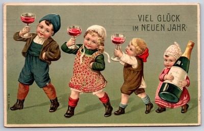 4 German Children~New Year Toast~3 Kids w/Wine Glasses~Youngest w/Large Bottle  