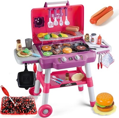 Kids Kitchen Toy Set, Kids BBQ Grill Playset with Smoke Sound Light, 2-Layer Bar