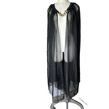 Vintage sleeveless sheer black long negligee robe Gold accent chain MAXI LONG