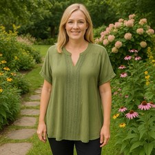 Flower & Feather Green Crepe Embroidered Blouse Peasant Boho Milk Maid 2XL