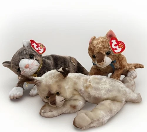 3 Vtg Ty Beanie Cats Cappuccino Mattie Both Tags Tracks Lynx Just Tush 2001-3