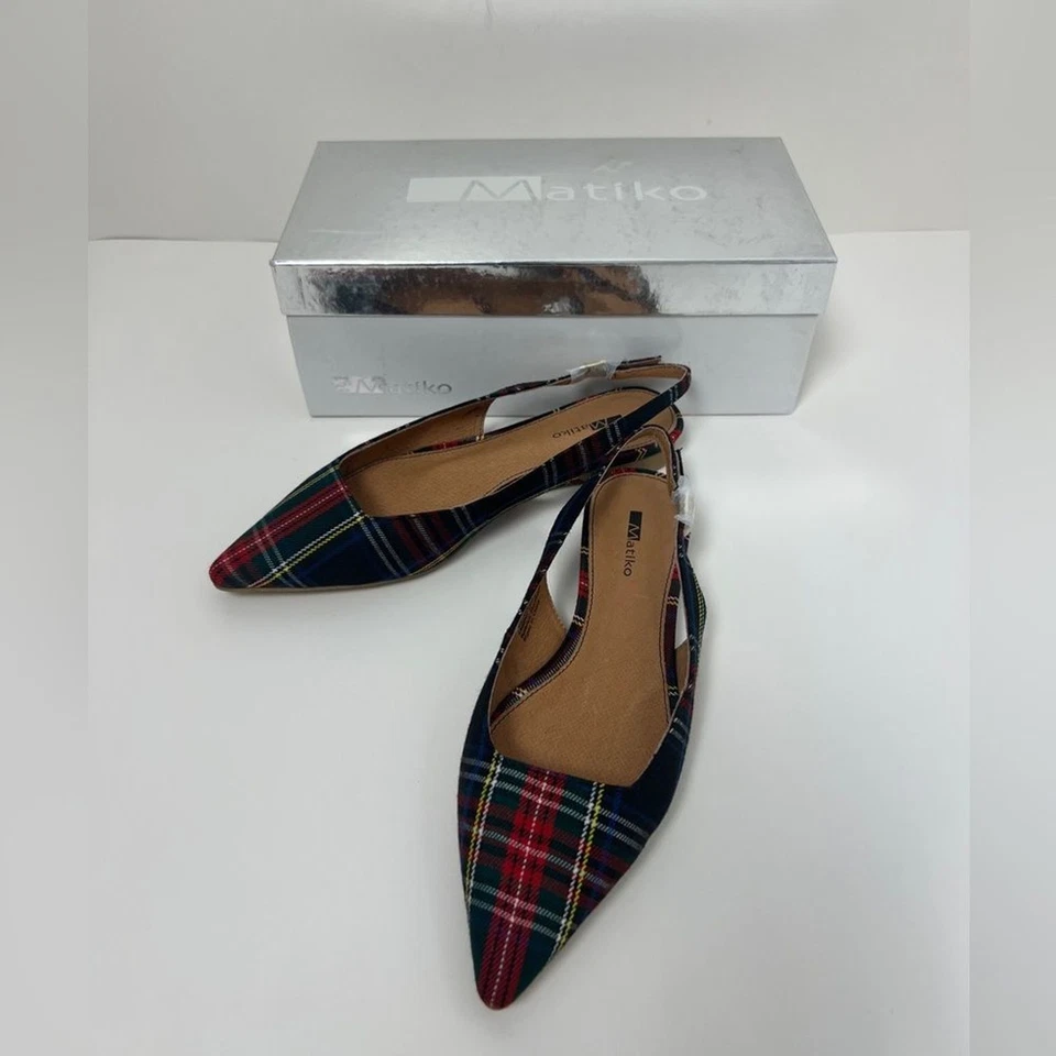 NIB Matiko Lori Green Tartan Flat Pointed Toe Slingback Holiday Preppy Size 6.5 - Image 2 of 4