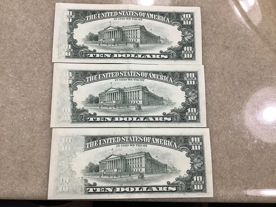 Billetes de $10 1990 de la Reserva Federal de Kansas City *ERROR DE IMPRESIÓN OBSTRUIDO* Lote de 3 Foto 3 de 4