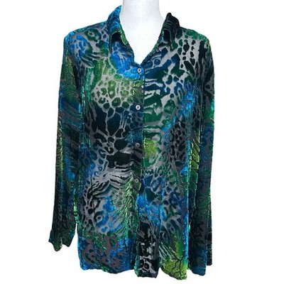 VTG White Stag Burnout Velvet Button Down Top XL Sheer Fairy Whimsical Green Y2K