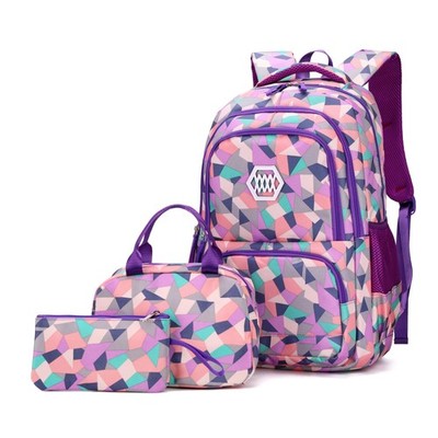 3Pcs Purple-a-3pcs Geometric Print Backpack and Lunch-Bag Set for Girls Schoo...