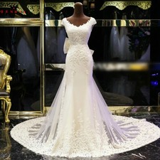 Mermaid Cap Sleeve Tulle Lace Beaded Pearls Sexy Wedding Dresses Long Formal