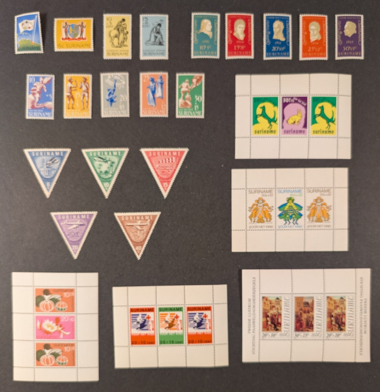Suriname - Nice lot of 19 stamps & 5 mini-sheets, all MNH, VF.