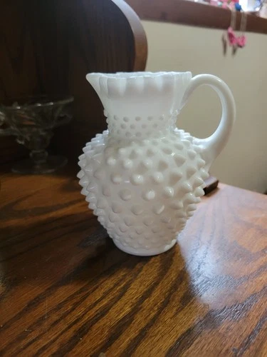 Vintage Fenton Glass Hobnail White Milk Glass Crimped Top Pitcher 6” Perfect