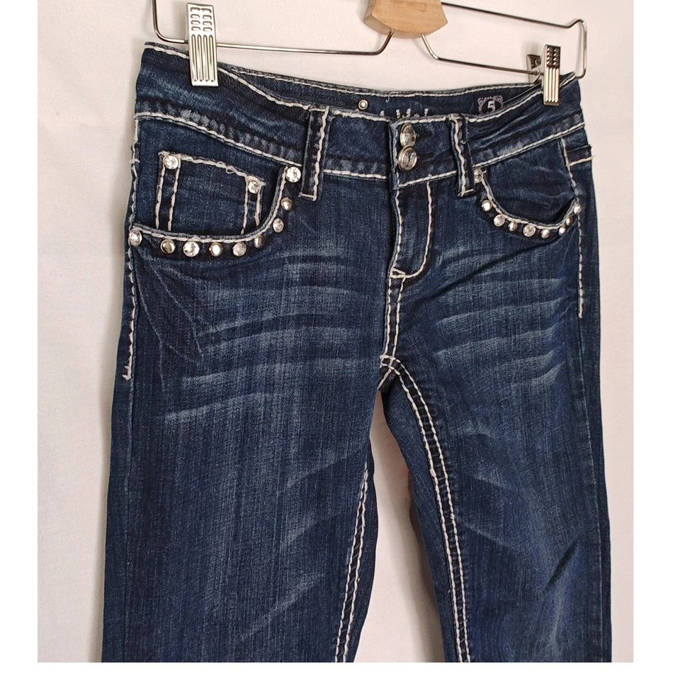 L.A Idol USA Embellished Jeans Boot cut Thick Stitch Size 5 Dark Wash Rhinestone - Image 4 of 4
