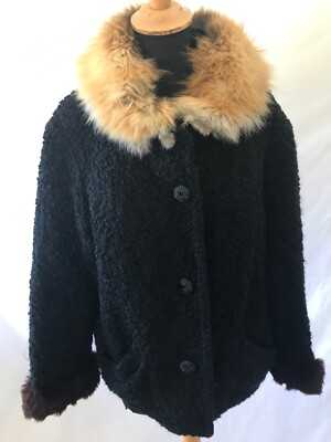 Vintage Boxjacke 50er Jahre schwarz Bouclé Wolle Fellbesatz, M L