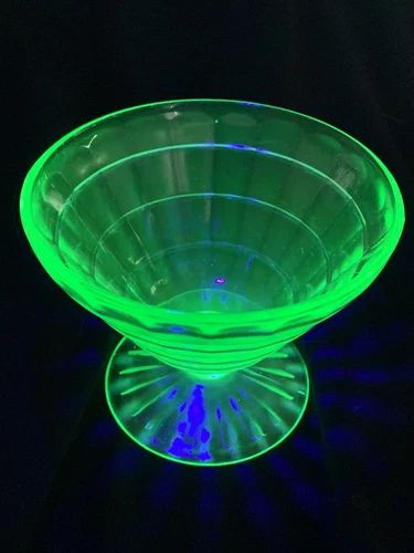 Vintage Federal Depression Vasaline Glass Set 3 Sherbet Dish Glowing