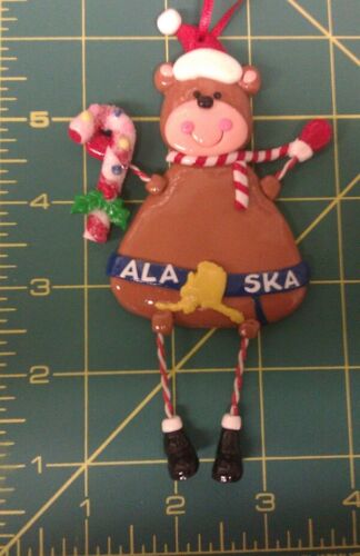 Alaskan Ornament Rosey Cheek Bear with Candy Cane & Alaska Belt wire arms & legs - Picture 1 of 3