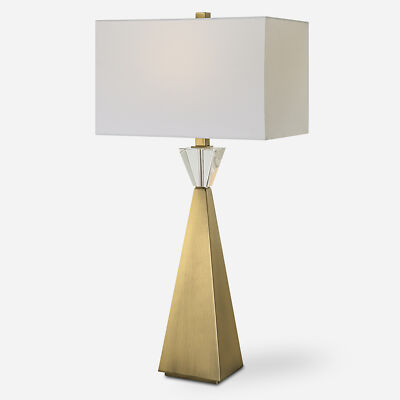 Tapered Antique Brass Metal Table Lamp 32 in Geometric Modern Pyramid Crystal