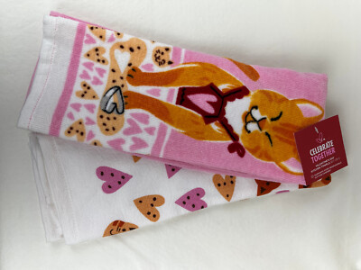 Set of 2 Celebrate Together Valentines s Sweet Cat 100% Cotton Kitchen Towels
