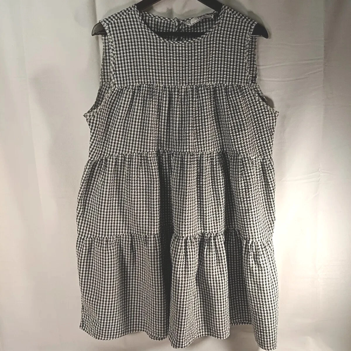 Twik Plaid Gingham Black White Dress Sleeveless Ruffle Babydoll Sundress Women S