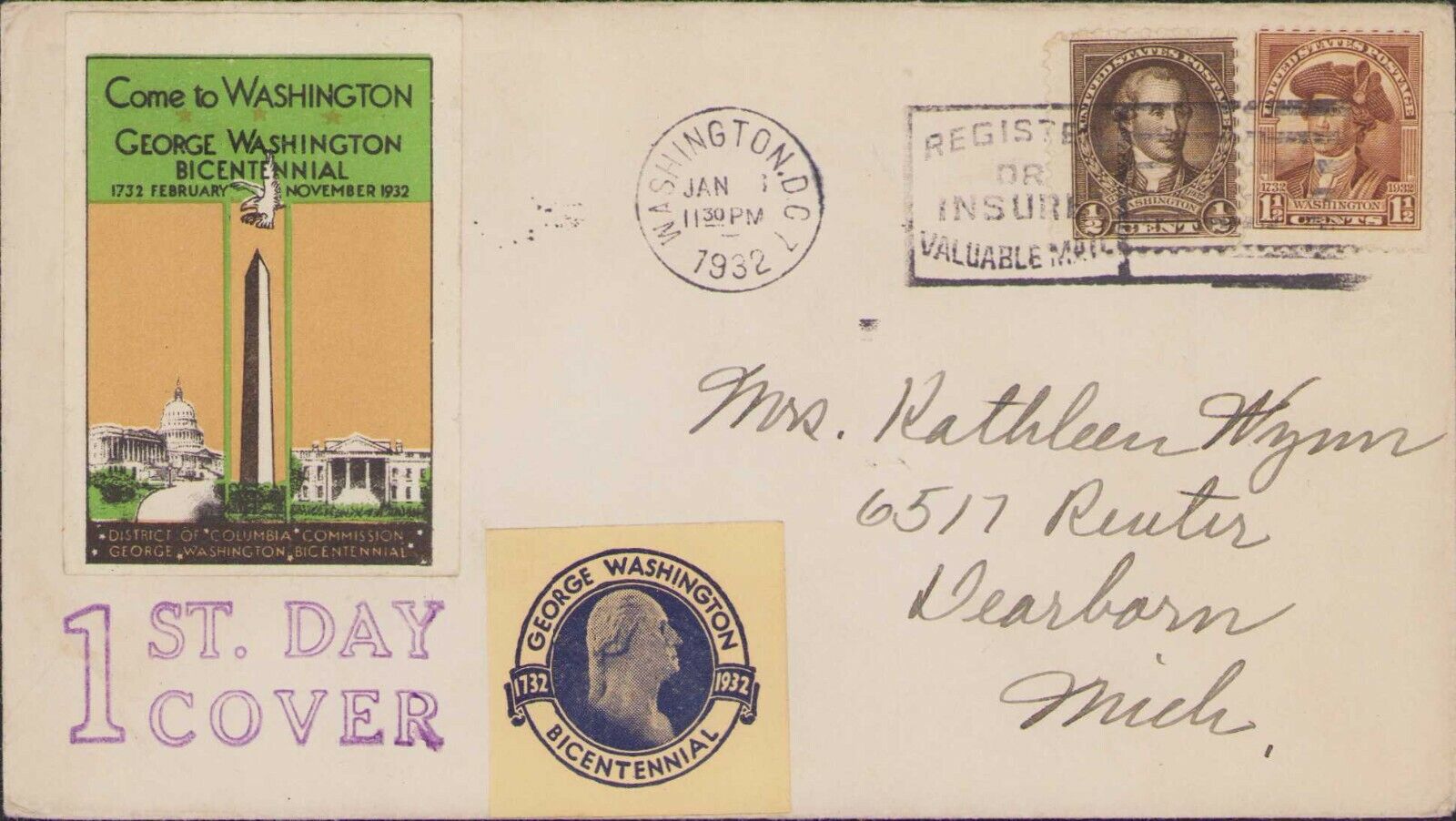 US FDC # 704 706 1932 Washington DC George Washington Bicentenni