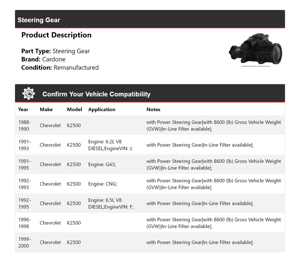 Engrenagem de direção Cardone 1989 1990 1991 1992 1993 Chevrolet K2500 1988-2000 - Imagem 2 de 4