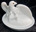 VINTAGE WESTMORELAND MILK GLASS MOTHER EAGLE (AMBER EYES) & CHICKS BASKET NEST