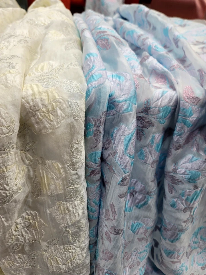 Brocade Lavender Blue Floral Flowers Fabric By The Yard White Organza For Dress - Image 3 of 4