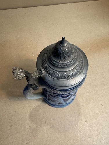 Vintage Cobalt Blue & Gray Salt Glazed Germany Beer Stein w/ Pewter Lid Tavern - Picture 5 of 11