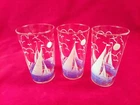 3 Each Vintage Federal Glass Sailboat Juice Drinking Glasses Tumblers White Blue