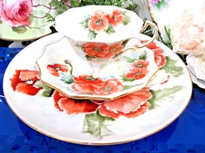 Germany tea cup and saucer trio ORANGE POPPY  artist signed footed teacup