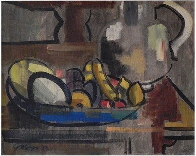 Unidentified Mid-century Modern European: Still Life & Bowl of Fruit 1953 / Oil