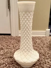 Vintage MCM White Randall Milk Glass Diamond Quilted Pattern Flower Bud Vase 9"