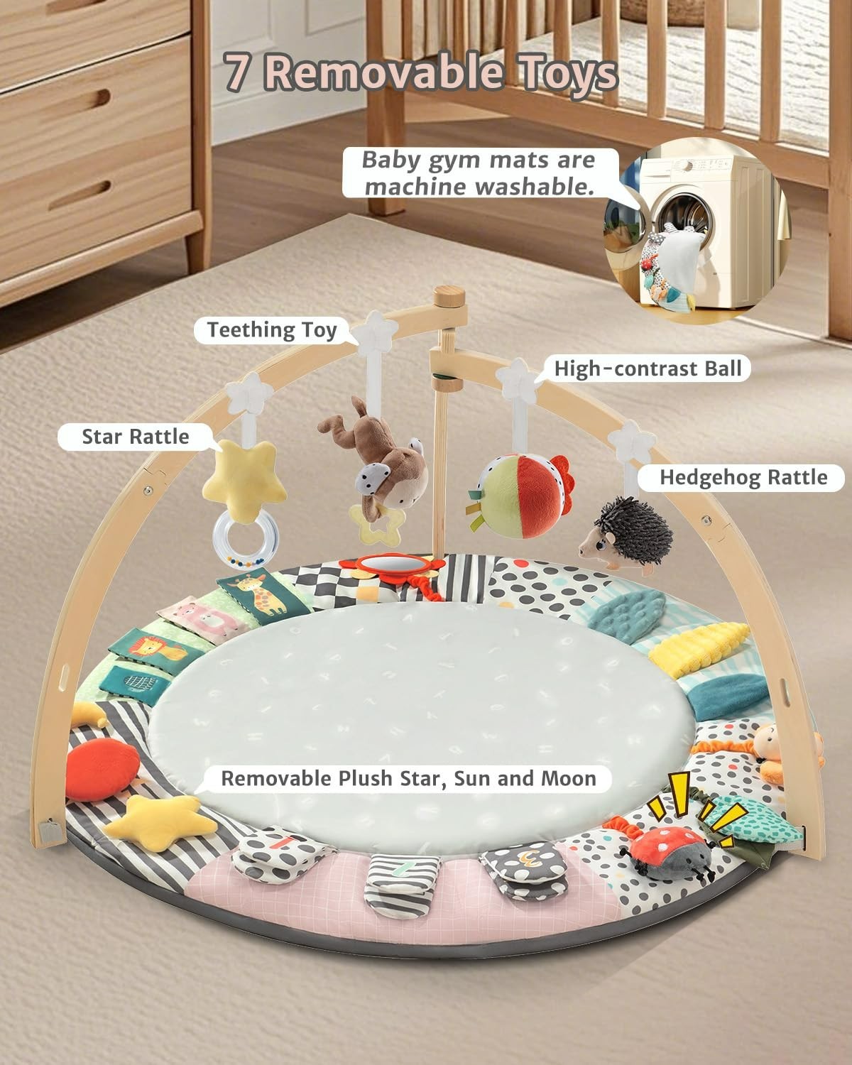 Baby Wooden Play Gym Newborn Developmental Zones Tummy Time Mat 7 in 1 Set NEW