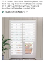 Cordless French Door Blinds, No Drill Roll Up Zebra Blinds, Light Control Day...