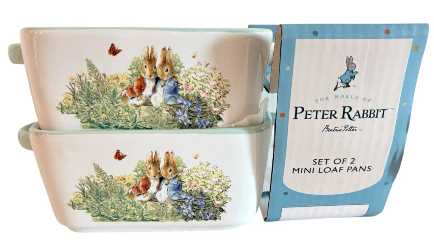 New Beatrix Potter Peter Rabbit Set of 2 Mini Ceramic Loaf Pan Baking Dish