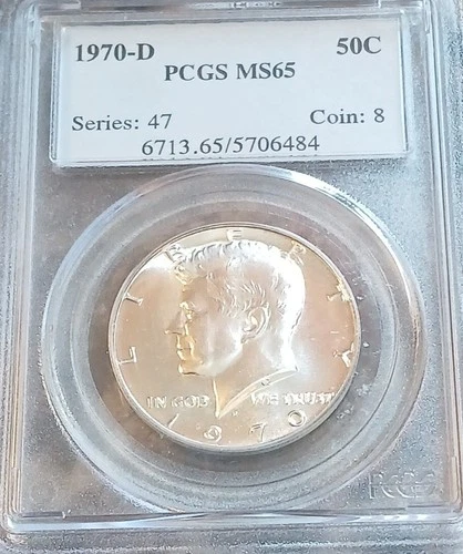 1970 d kennedy half dollar 40% silver gem pcgs graded ms65 - nice!