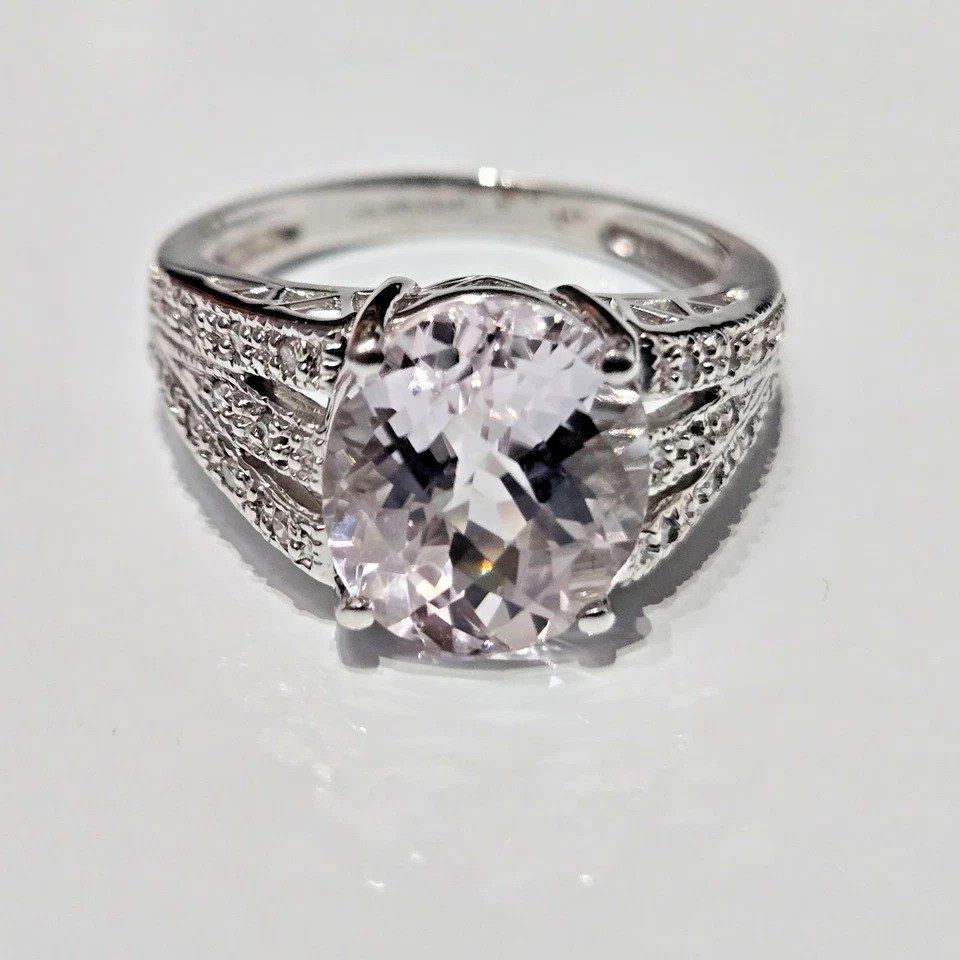 14ct White Gold Ring Morganite and Diamond Stones Full UK Hallmark Ring Size R