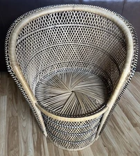 VTG  Bohemian Woven Rattan Wicker Short Back Peacock Fan Barrel Accent Chair 30"