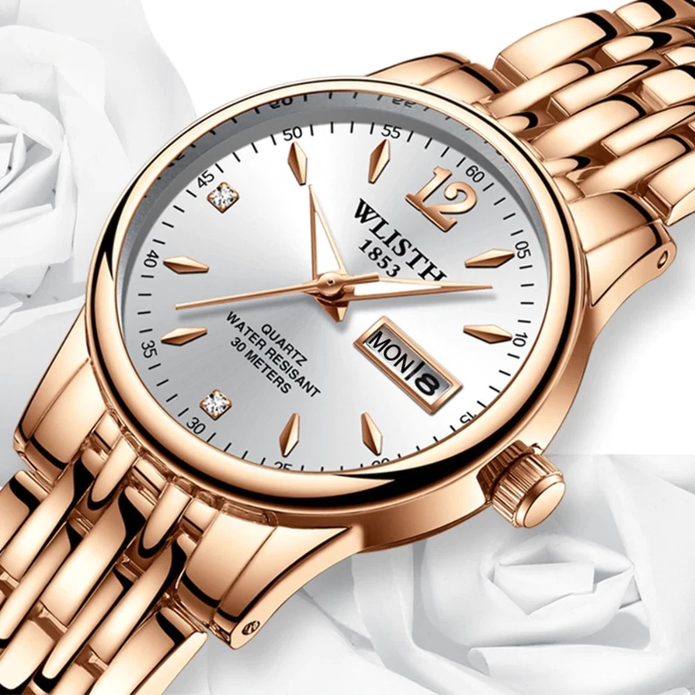 Women Dress Watch Rose Gold Stainless Steel WLISTH Brand Fashion Ladies Wristwat