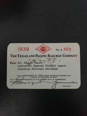 Vintage Rare 1939 Texas & Pacific Railroad Railway Pass Ticket