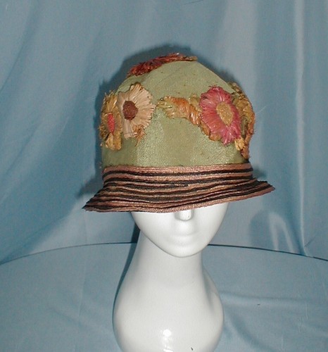 Antique 1920 Hat Cloche Flapper Hat Blue Silk Unique Straw Flowers Trim