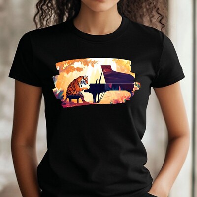 T-Shirt Frauen Tiger spielt Klavier Motiv Baumwolle Größe XS bis 3XL