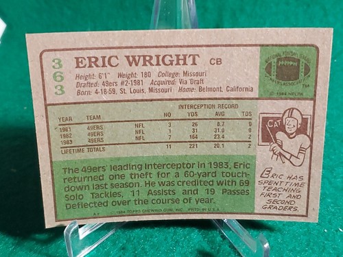 1984 Topps Football #363 Eric Wright San Francisco 49ers RC Rookie Missouri NFL - Foto 2 di 2