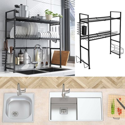 2Tier Over the Sink Dish Drying Rack Dishes Bowls Cup Utensil Holder For Kitchen