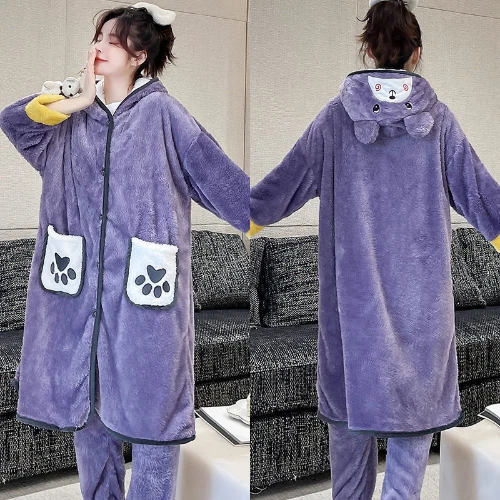 Accappatoio donna autunno inverno spesso con cappuccio dolce flanella vestaglia abito lungo pile - Foto 23 di 31