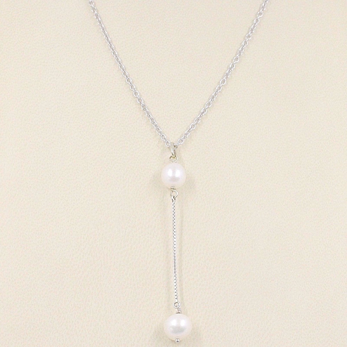 COLLANA ORO BIANCO 750 18K, PENDENTE 2 PERLE BIANCHE, CATENA ROLO 