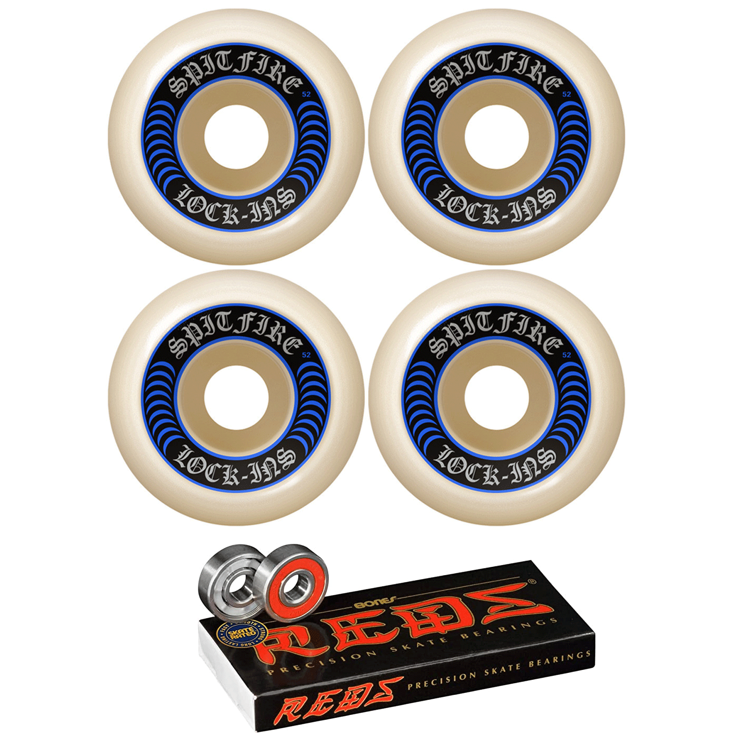 Spitfire Skateboard Wheels 57mm Lock Ins 99A White with Bones Reds Bearings