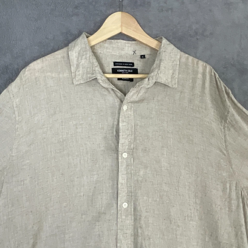 Kenneth Cole Shirt Men's XL Beige Linen Blend Summer Button-Up Classic Active - Image 2 of 4