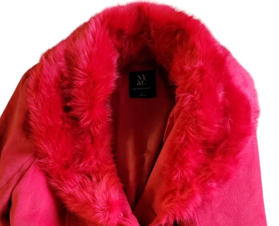NY&CO Womens Jacket XL Red Faux Fur Trim Removable Pea Coat Festive Belted - Image 2 of 4